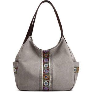 Women Canvas Hobo Purse Multi Pocket Tote Shopper Shoulder Bag Casual Top